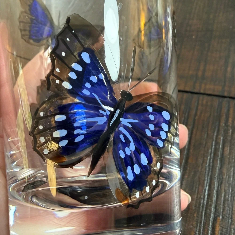 Painted Blue Butterfly Set‎ of 2 Nature Inspired Drinking Pint Glasses Fairycore